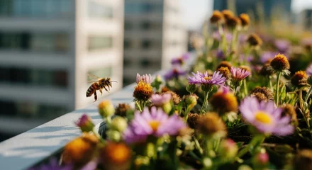 Bee in urban garden with blooming wildflowers on city rooftop