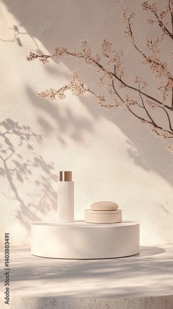 Poster elegant display of skincare products with natural elements in a serene setting during daylight hours
