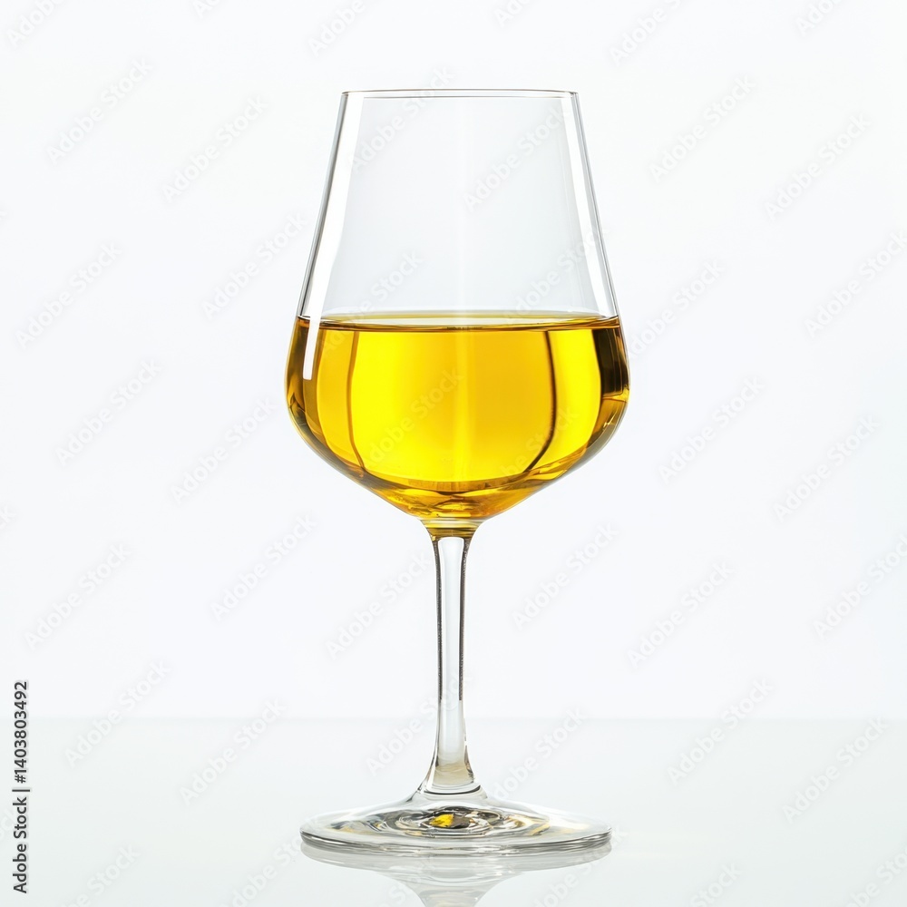 Poster elegant glass of golden wine on reflective surface capturing light and shadow in a minimalist studio