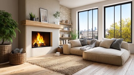 Cozy living room fireplace neutral tones concept. Cozy living room featuring a fireplace, comfortable seating, and large windows with a view.