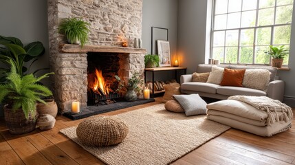Cozy living room fireplace neutral tones concept. Cozy living room with a stone fireplace, comfortable seating, and decorative plants.