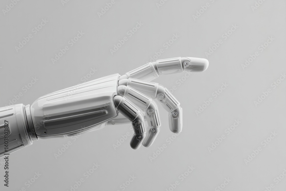 Poster lone sleek mechanical arm reaching into empty white background emphasizing elegant simplicity with a