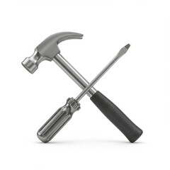 3D render of a hammer and flathead screwdriver crossed on white background