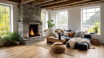 Cozy living room fireplace neutral tones concept. Cozy living room with a stone fireplace, wooden beams, and natural light from large windows.