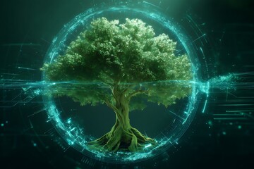 A digital tree of life symbolizes ecological sustainability within a technological world.