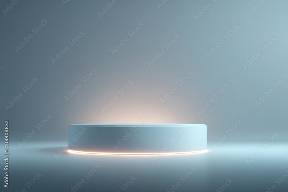 Poster minimalist image showcases empty softly illuminated podium surrounded by ambient light sources