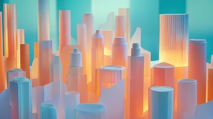 Obraz premium Miniature paper city skyline illuminated with warm light, showcasing architectural details and urban landscape.