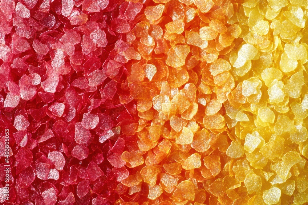 Poster gradient mosaic of translucent flakes in red orange and yellow hues creating a vibrant textured back