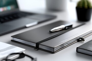 A clean and modern office setup showcases a laptop, notebooks, and a pen, designed to enhance productivity and inspire creativity in a focused work environment free of clutter.