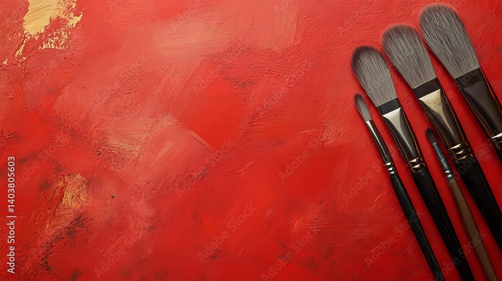 Poster red textured background with a paintbrush resting on the surface, highlighting artistic creativity a