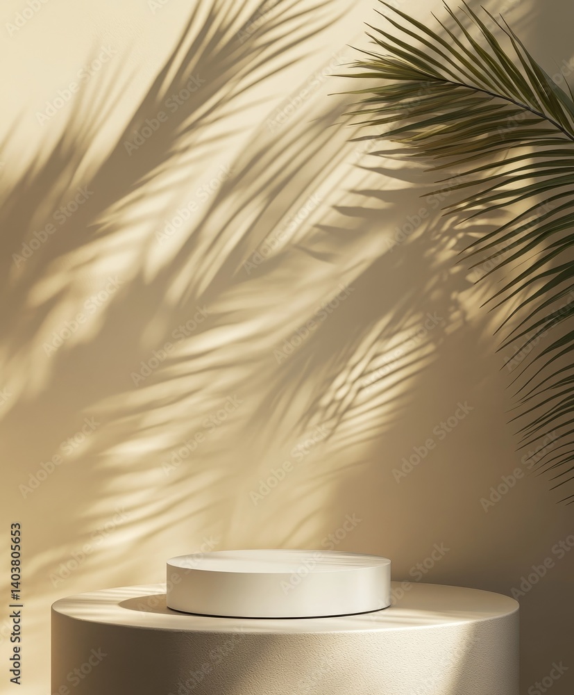 Poster sunlight casts shadows on a minimalist display with palm leaves and a round container on a light bac