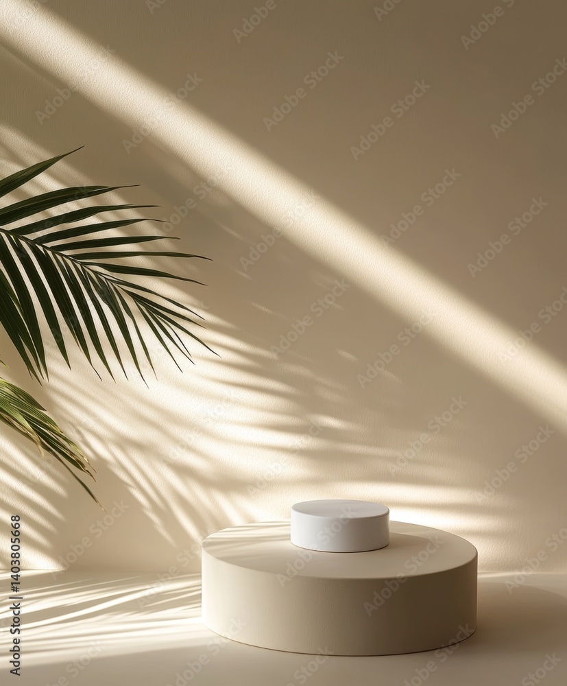 Poster sunlight casts shadows on a minimalist display with palm leaves and a round container on a light bac