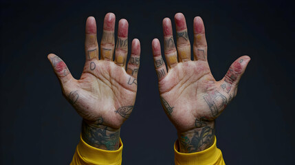 Closeup Of Tattooed Hands Raised In Dark Background