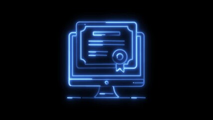 Glowing neon online certificate icon 4k  isolated on black background. HD Video motion graphic animation