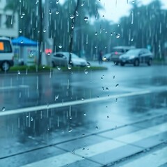 Fototapeta premium Raindrops on glass blur a street scene with cars and pedestrian crossing in a city, moody blue