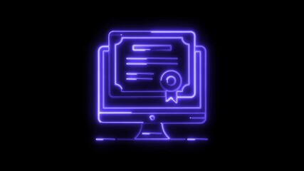 Glowing neon online certificate icon 4k isolated on black background. HD Video motion graphic animation