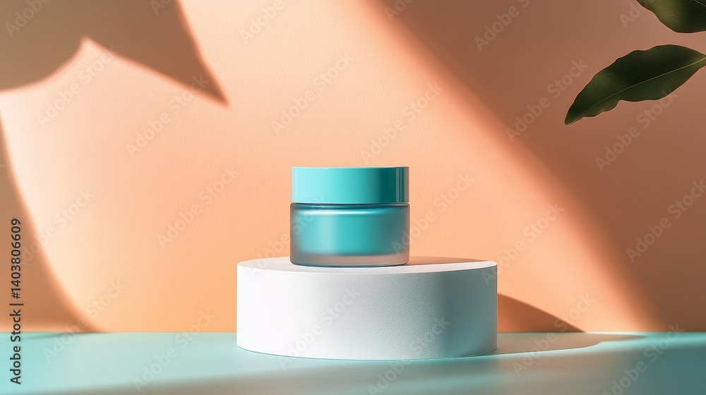 Poster container with cream placed on a pedestal against colorful background with soft shadows during midda