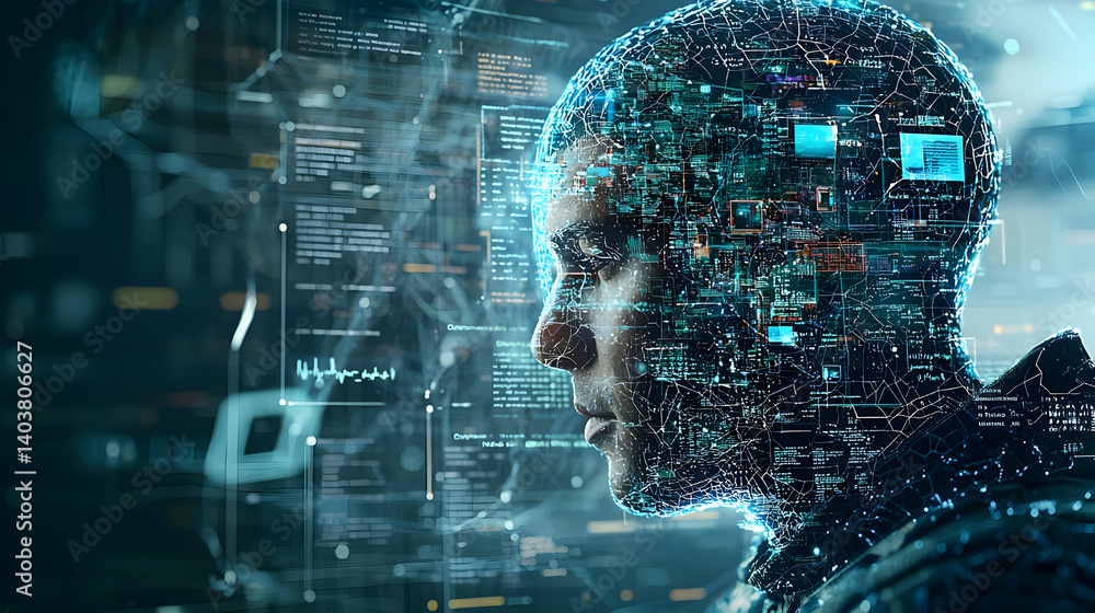 Poster digital futuristic profile view of person with glowing interface