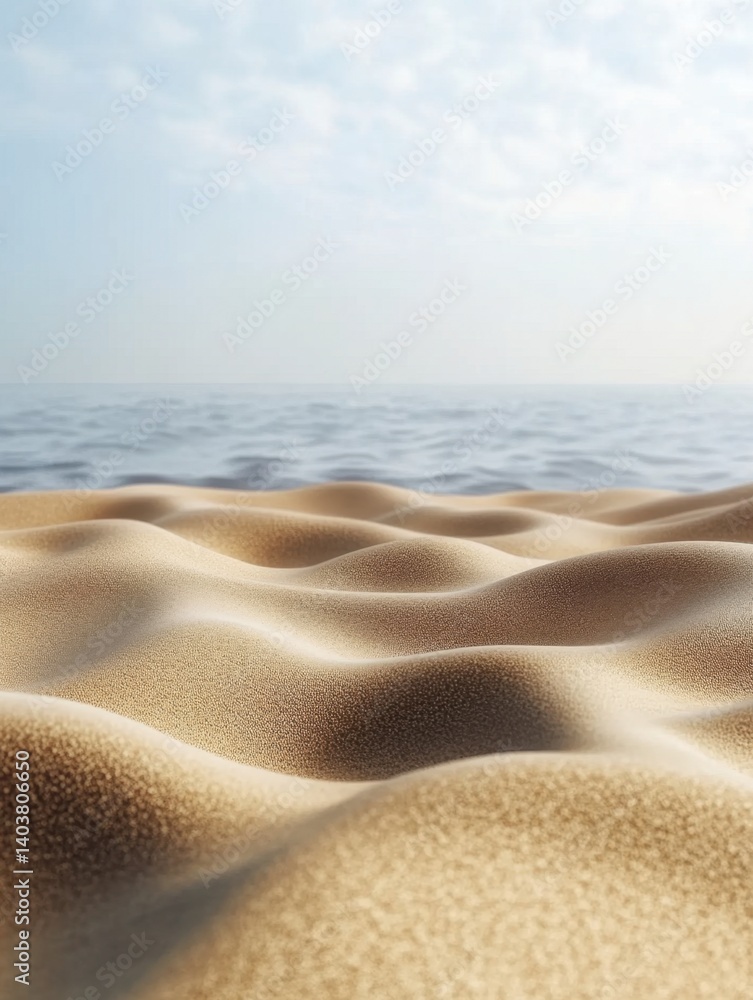 Poster tranquil beach scene with soft sand dunes meeting the calm ocean under a serene cloudy sky creating 