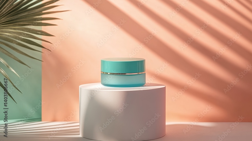 Poster container with cream placed on a pedestal against colorful background with soft shadows during midda