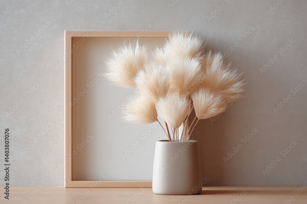 Poster minimalistic flat lay with empty picture frame on light wooden surface offering ample copy space