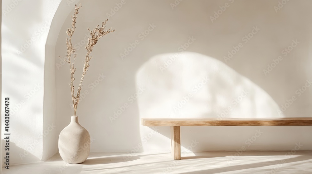 Poster natural sunlight streams through windows, casting soft shadows on a simple wooden table in a minimal