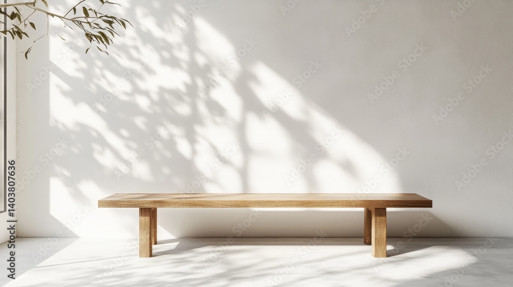 Poster natural sunlight streams through windows, casting soft shadows on a simple wooden table in a minimal