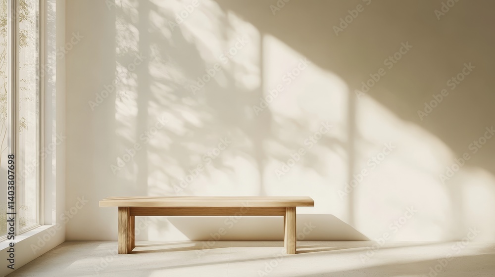 Poster natural sunlight streams through windows, casting soft shadows on a simple wooden table in a minimal