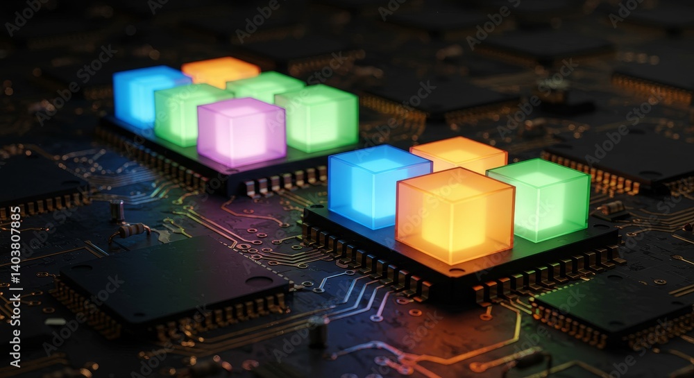 Poster colorful cubes on circuit board - glowing colorful cubes arranged on a circuit board, representing t
