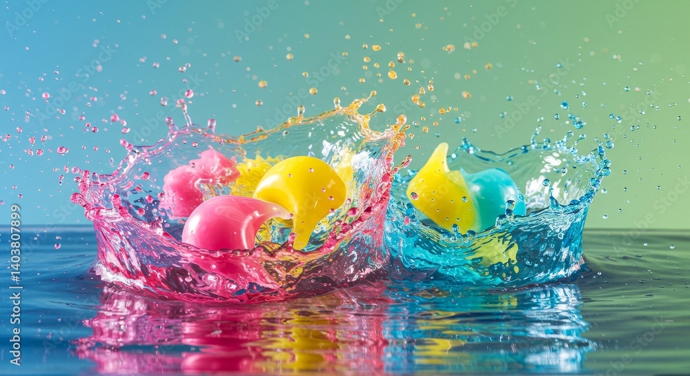 Poster colorful detergent pods splashing in water - vibrant detergent pods create a mesmerizing splash of c
