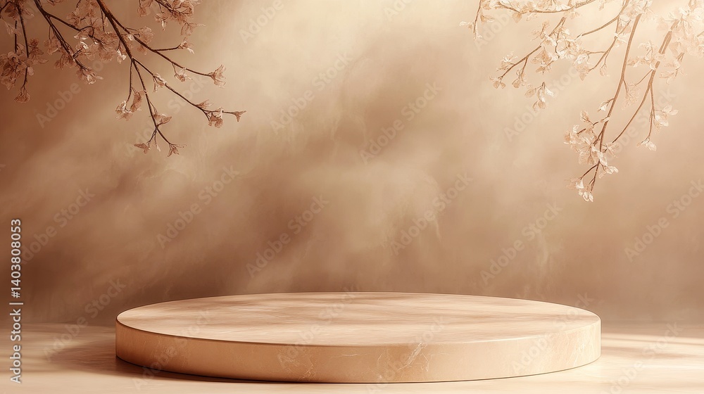Poster soft natural light illuminates a round marble pedestal surrounded by delicate blooms and flowing fab