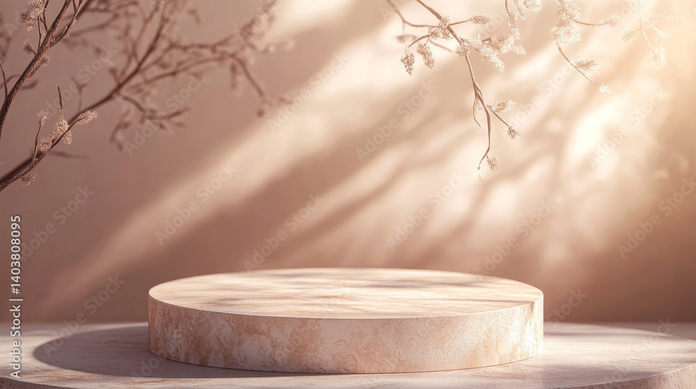Poster soft natural light illuminates a round marble pedestal surrounded by delicate blooms and flowing fab