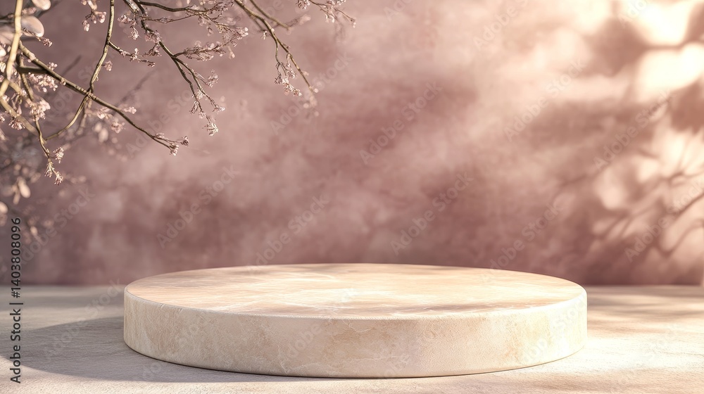 Poster circular podium rests on a textured surface surrounded by soft blurred background and delicate branc