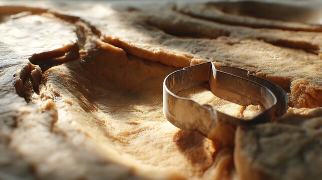 Cookie dough resting with a heart-shaped cookie cutter.