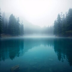 Fototapeta premium Serene turquoise lake shrouded in mist, surrounded by towering evergreen trees on a tranquil day