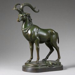 Verdigris animal statuette stands tall on a decorative base against a solid neutral background.