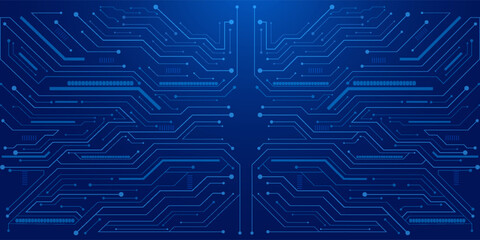 Abstract AI circuit board background. Technology connected blue lines with electronics elements on tech bg. Computer motherboard with a chip, processor, and semiconductor.