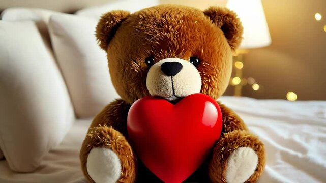 Cute Adorable Teddy Bear Holding a Red Heart for Romantic Valentine's Day