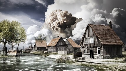 Stormy village canal, ominous cloud