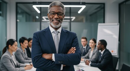 Confident Mature Businessman Leader at Team Meeting - A successful, mature businessman with arms crossed, radiating confidence and leadership