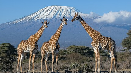 Obraz premium Majestic Giraffes against the backdrop of snow-capped Mount Kilimanjaro in Africa. An awe-inspiring wildlife scene.