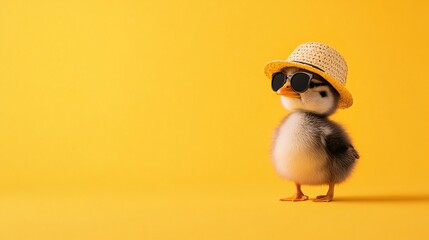 Stylish Chick in Sunglasses and Hat on Bright Yellow Background