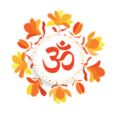 Indian sacred sound Om or Aum. Symbol of the divine triad of Brahma, Vishnu and Shiva. Sign of an ancient mantra. Floral frame. Magnolia, red tulip on a white