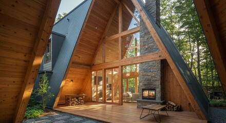 Obraz premium Contemporary A-Frame House with Stone Fireplace - Modern rustic design, natural materials, expansive windows, cozy fireplace, peaceful forest setting. Symbolizes comfort, nature, modern living