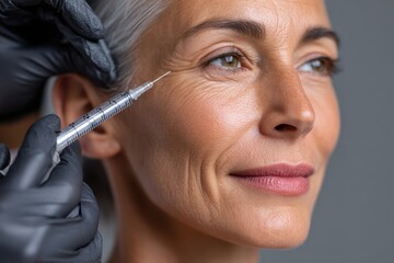 A close-up view of a medical professional administering a neuromodulator injection emphasizes precision and care in aesthetic treatments focused on rejuvenation and facial enhancement.