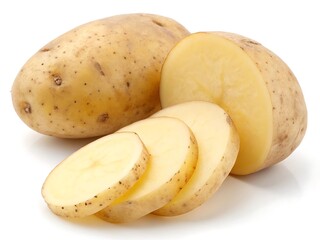 A close up shot of whole and sliced potatoes on a white surface in bright light