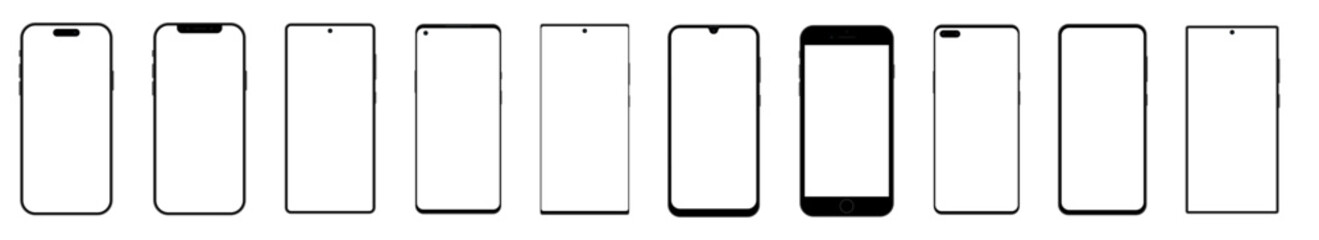 Smartphone mockup set with transparent screen isolated on transparent background. Realistic smartphone mockup. Device front view.