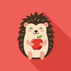 Cute hedgehog character holding an apple in flat vector art style