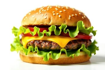Burger with cheese and lettuce isolated on white, meat, burger, patty