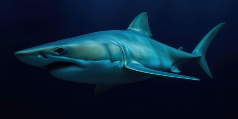 Fototapeta premium A Greenland shark, Somniosus microcephalus, swims in the dark abyssal depths, its asymmetrical features highlighted, wildlife photography, marine biology